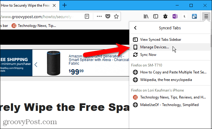 Prejdite do ponuky Firefox> e-mail> Spravovať zariadenia v prehliadači Firefox pre Android