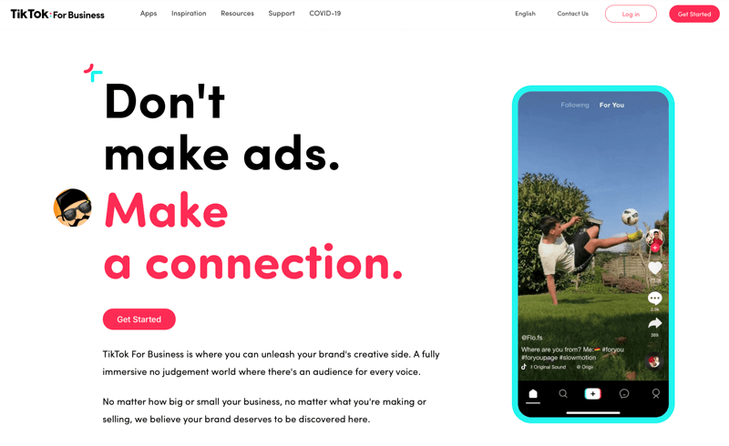 screenshot z tiktoku pre podnikanie s poznámkou „nerobte reklamy. nadviazať spojenie. “