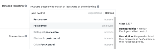 Príklad štandardného facebookového zacielenia na záujem Pest Control, ktorého výsledkom je príliš malé publikum, 2 500.