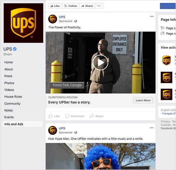 Ak sa pozriete na reklamy na Facebooku od spoločnosti UPS, je zrejmé, že na zvýšenie povedomia o značke používajú rozprávanie a emocionálnu príťažlivosť.