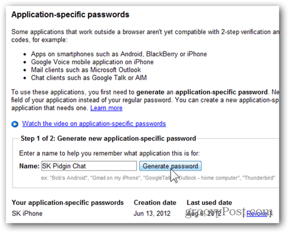 google jednorazové heslá - kliknite generovať heslo