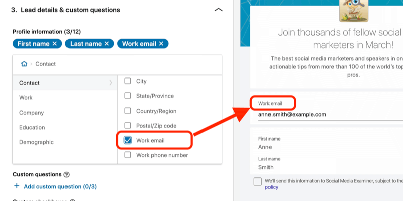 snímka obrazovky poľa Pracovný e-mail vybraná pre formu hlavného kontaktu v nastavení reklamy LinkedIn