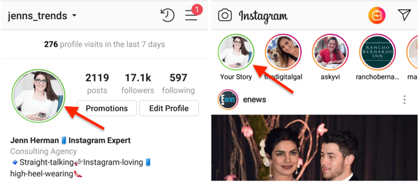 Indikátor zeleného kruhu pre vašu profilovú fotografiu na Instagrame, keď zdieľate príbeh do svojho zoznamu Zavrieť priateľov.