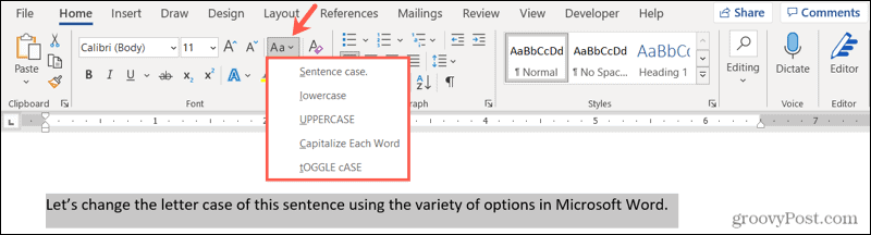 Zmeňte veľkosť písmen v programe Word v systéme Windows