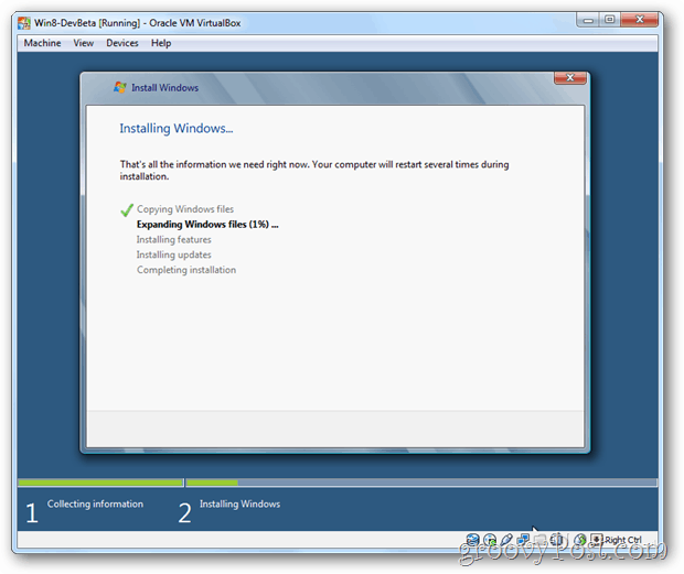 Obrazovka inštalácie systému Windows VirtualBox Windows 8