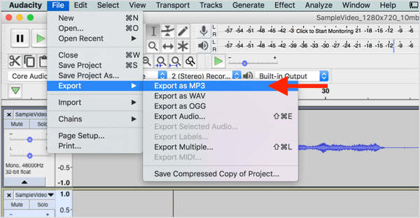 Vyberte File> Export> Export as MP3 to download the audio file from Audacity.