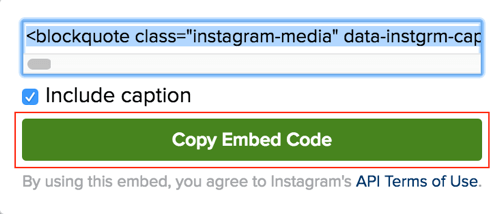 Kliknutím na zelené tlačidlo skopírujete vložený kód príspevku Instagram.