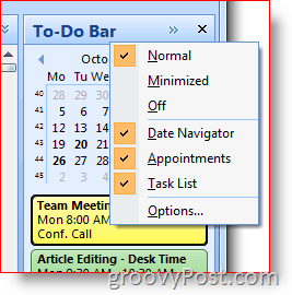 Panel úloh programu Outlook 2007 - Kliknutím pravým tlačidlom myši vyberte možnosti