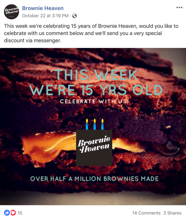 Príklad príspevku na Facebook s ponukou od Brownie Heaven.