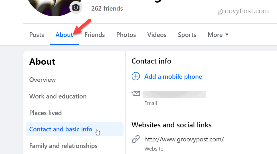Záložka Kontakt a základné informácie na facebookovom profile