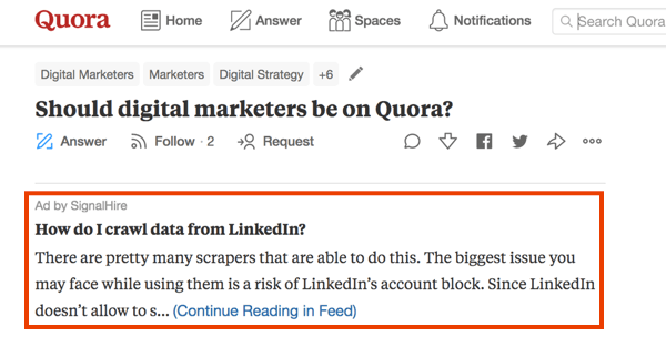 Ukážka marketingu na Quore s platenou reklamou.