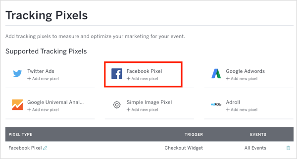 V Eventbrite kliknite na Facebook Pixel a zadajte ID pixelu a ďalšie podrobnosti.