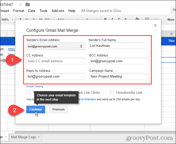 Konfigurovať Gmail Mail Merge