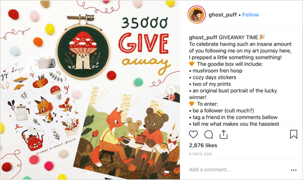 Umelec ghost_puff používa priateľský a spoľahlivý štýl zverejňovania, ktorý pozýva komunitné chatovanie na Instagram.