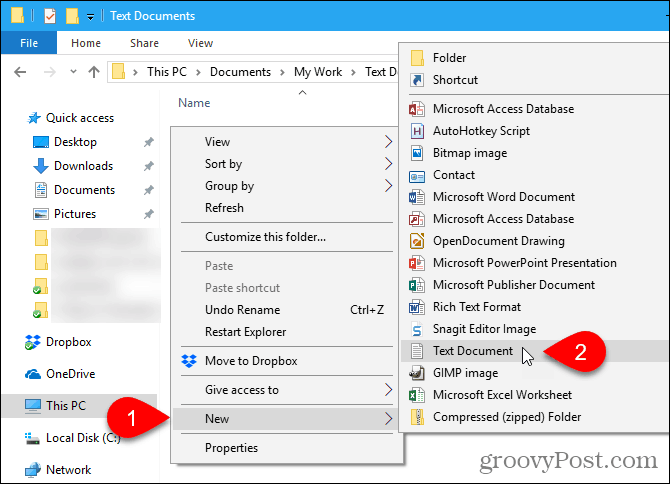 Prejdite v časti Prieskumník systému Windows na Nový> Textový dokument