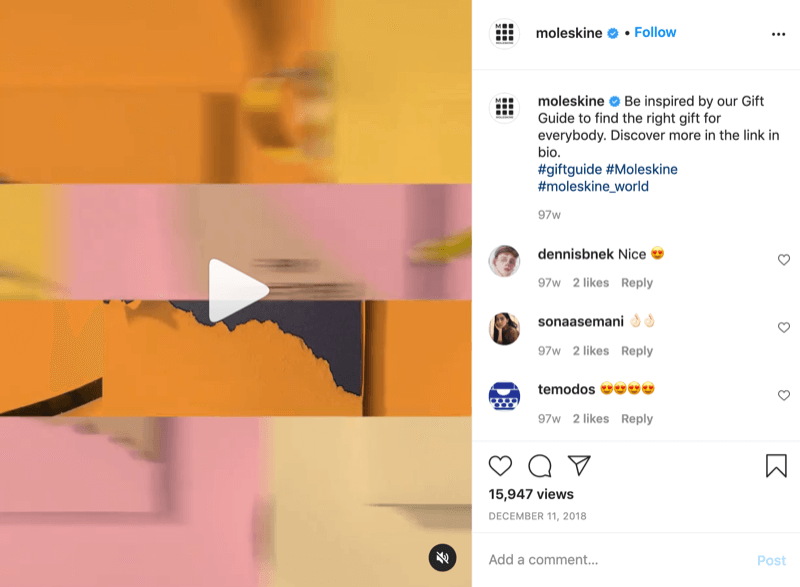 príklad príspevku na Instagram s nápadom na darček od spoločnosti @moleskine s výzvou na akciu, ktorý divákov nasmeruje na odkaz v životopise