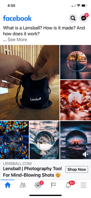 príklad facebookovej reklamnej koláže pre lensball, ktorá zobrazuje produkt v malej čiernej taške so šnúrkou spolu s 5 príkladmi snímok produktu použitého na obrázkoch