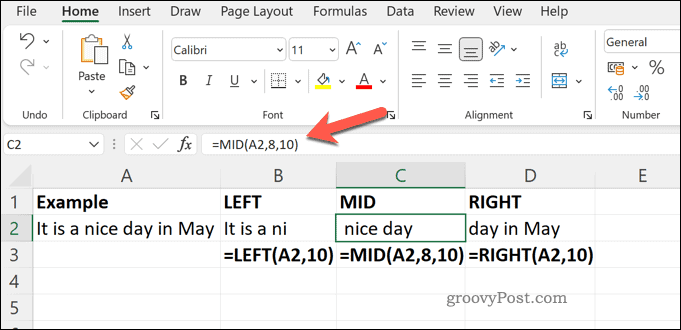 Príklad funkcií MID RIGHT a LEFT v Exceli