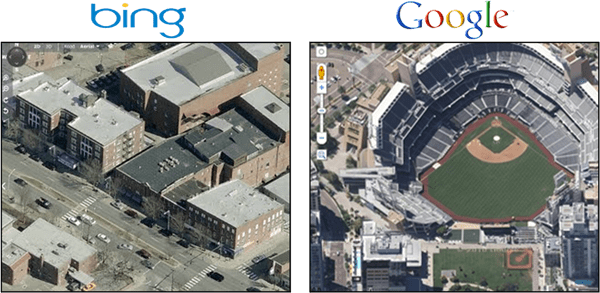 Pohľady na Mapy Google režijné 45 stupňov Bing Birds Eye