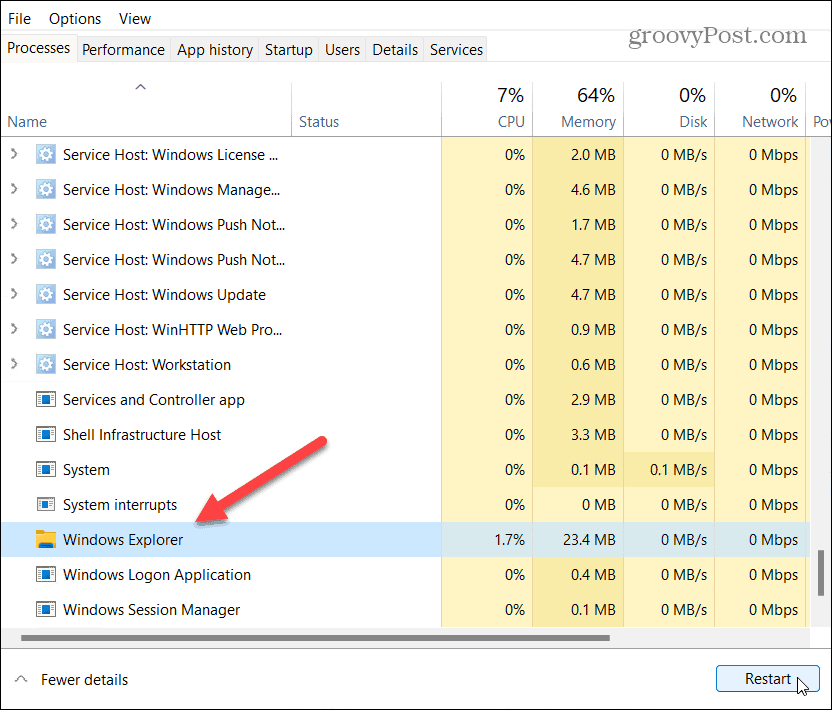reštartujte správcu úloh programu Windows Explorer