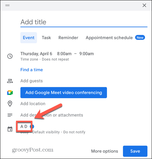 Snímka obrazovky s možnosťou kalendára udalostí Kalendára Google