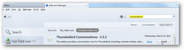 Thunderbird konverzácie - inštalácia doplnku prostredníctvom vyhľadávacej stránky