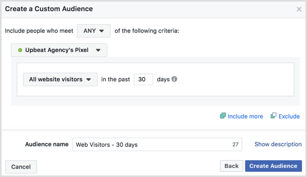 Vyberte možnosti, pomocou ktorých môžete vytvoriť vlastné publikum Facebook pre všetkých návštevníkov webových stránok za posledných 30 dní