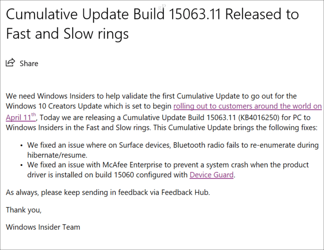 Vydaná prvá kumulatívna aktualizácia pre tvorcov systému Windows 10