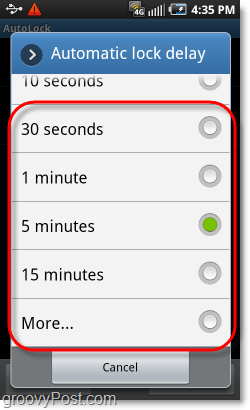 vyberte čas zámku vzoru Android