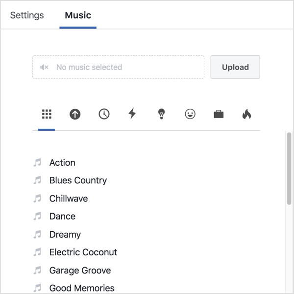 Kliknite na kartu Hudba a buď nahrajte svoj vlastný zvuk, alebo vyberte skladbu z knižnice Facebooku.