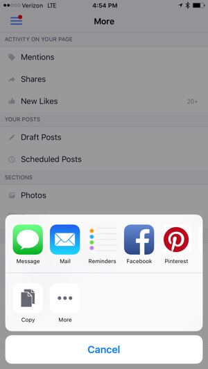 uložiť alebo zdieľať odkaz na posielanie facebookových správ z aplikácie facebookových stránok