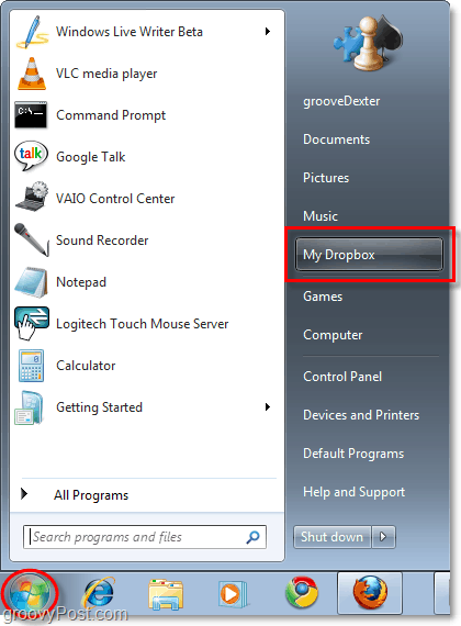 môj dropbox v ponuke Štart Windows 7