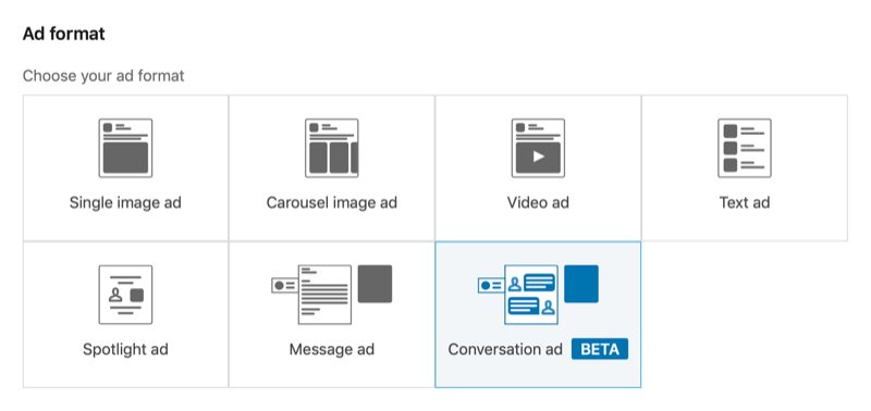 snímka obrazovky aplikácie LinkedIn Campaign Manager s vybraným formátom reklamy pre konverzáciu