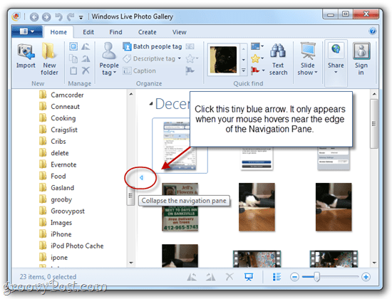 Zobraziť / skryť navigačnú tablu vo Windows Live Photo Gallery 