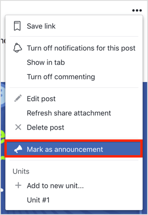 Kliknite na tri bodky v pravom hornom rohu príspevku skupiny na Facebooku a v zobrazenej ponuke vyberte možnosť Označiť ako oznámenie.