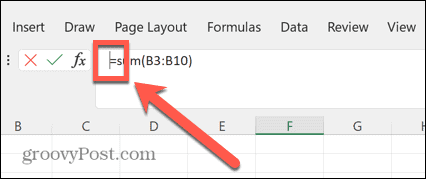 kurzor v riadku vzorcov v Exceli vľavo od rovná sa