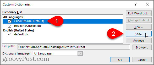 Kliknite na Pridať v dialógovom okne Vlastné slovníky v programe Word