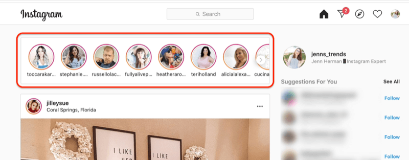 snímka obrazovky s instagramovým informačným kanálom so zvýraznenými kruhmi v profile príbehov