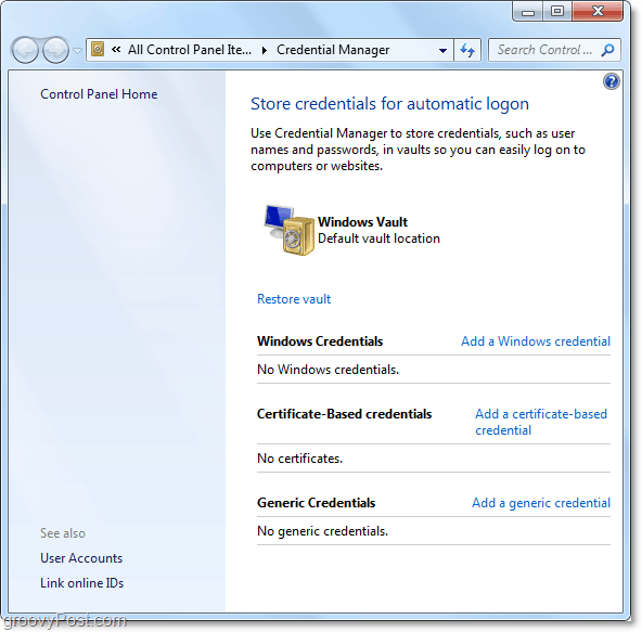 celkový pohľad na trezor správcu poverení systému Windows 7