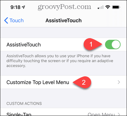 Povoľte funkciu AssistiveTouch a prispôsobte ponuku najvyššej úrovne v nastaveniach zariadenia iPhone
