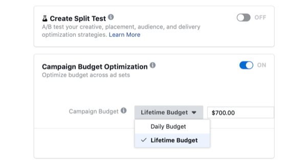 výber Optimalizácia rozpočtu kampane a Doživotného rozpočtu pre kampaň na Facebooku v deň bleskového predaja