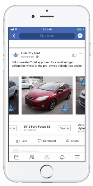 Spoločnosť Facebook predstavila dynamické reklamy, ktoré umožňujú automobilovým spoločnostiam používať katalóg svojich vozidiel na zvýšenie relevantnosti svojich reklám.