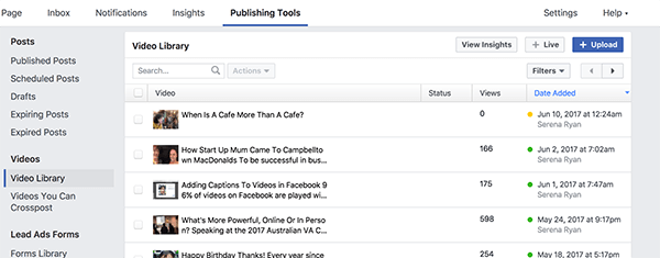 Vaša videotéka na Facebooku obsahuje všetky vaše zverejnené a nepublikované videá. Zverejnené nie sú videá so žltou bodkou a zverejňujú sa videá so zelenou bodkou.
