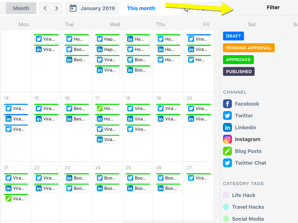 Ako organizovať úlohy marketingu na sociálnych sieťach, prehľad kalendára ContentCal s filtrami