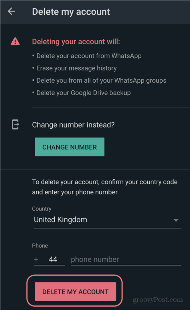 Odstrániť nastavenia účtu WhatsApp potvrďte odstránenie