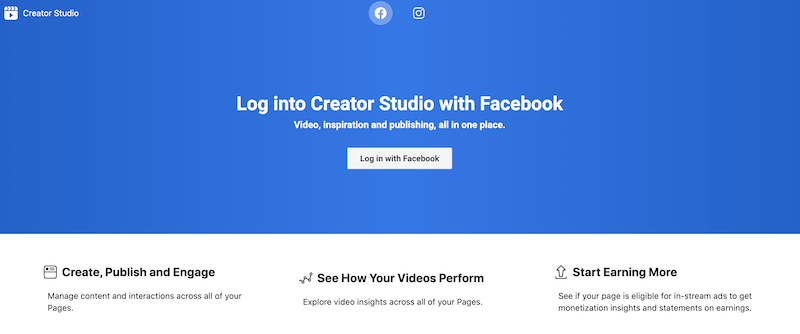 Prihlasovacia stránka služby Facebook Creator Studio