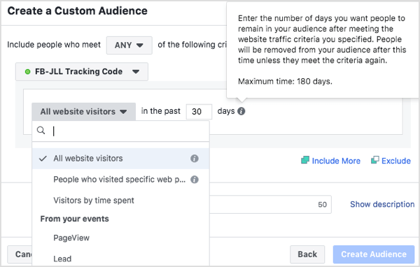 Vytvorte si vlastné publikum ľudí, ktorí navštívili váš web za posledných 30 dní, 60 dní, 90 dní a 180 dní. 