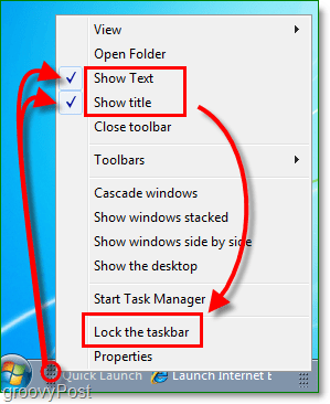 zakážte rýchle spustenie textu a názvu v systéme Windows 7, uzamknite panel úloh