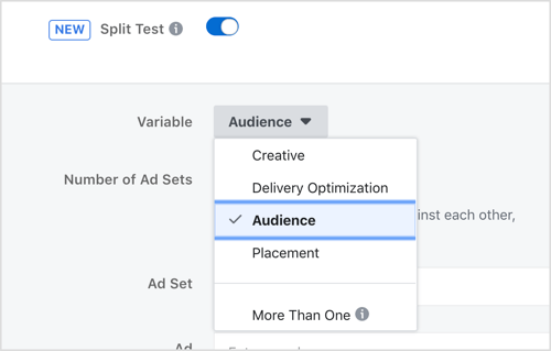 Vyberte premennú, ktorú chcete otestovať pomocou funkcie testovania rozdelenia na Facebook.