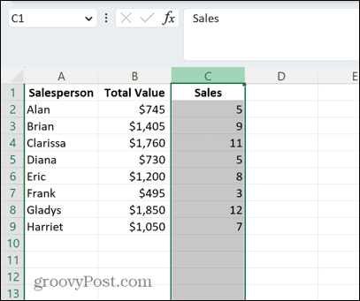 Excel vybraný stĺpec